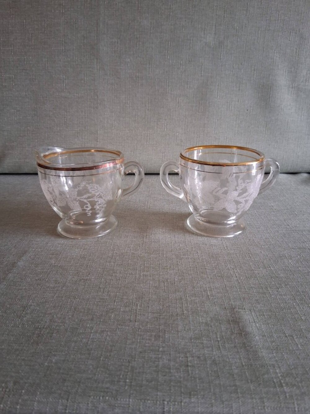 Glass Clear Depression Frosted Fruits Sugar Bowl & Creamer Set